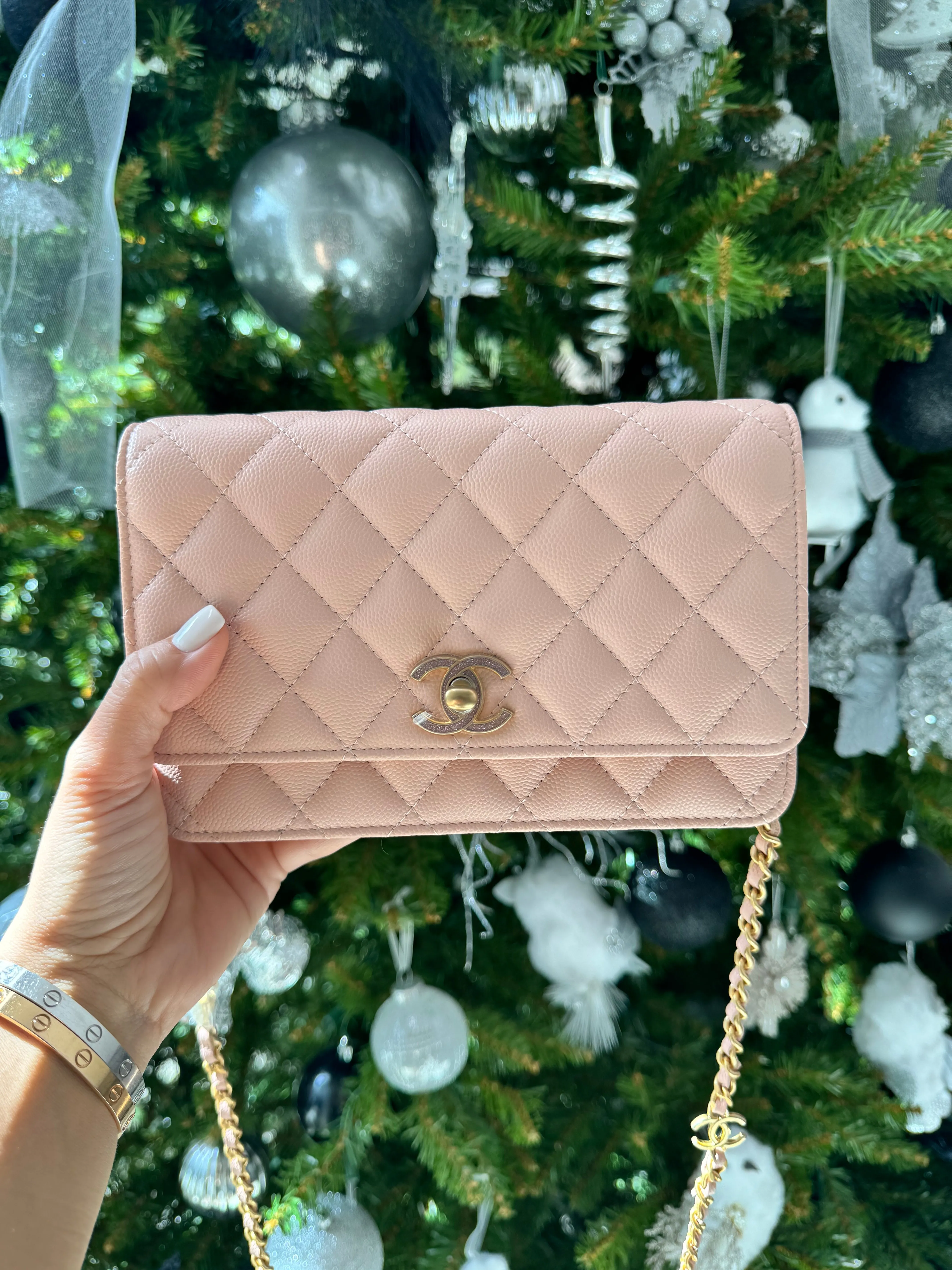 Chanel WOC Wallet On Chain Shiny Grained Calfskin Quilted Charms Enamel Strass Gold-Tone Metal Light Pink Bag Handbag