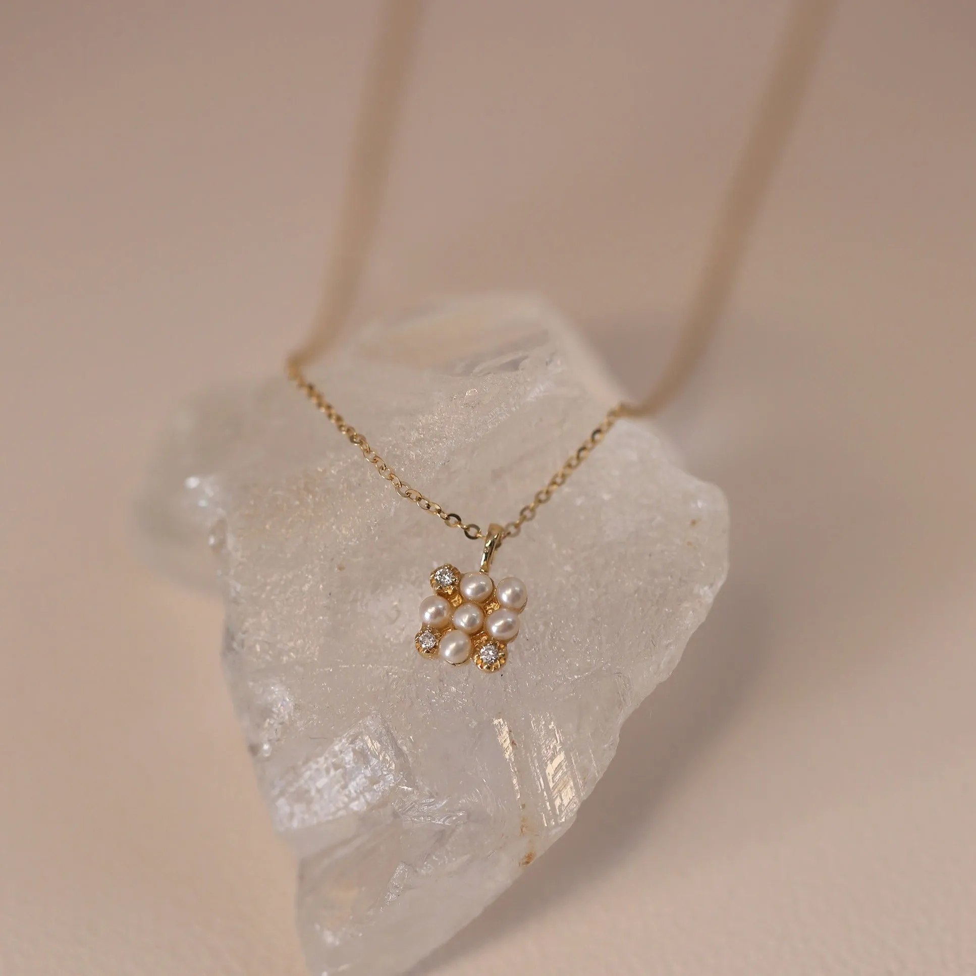 Chessboard Pearl Diamond Necklace Solid 14K Gold