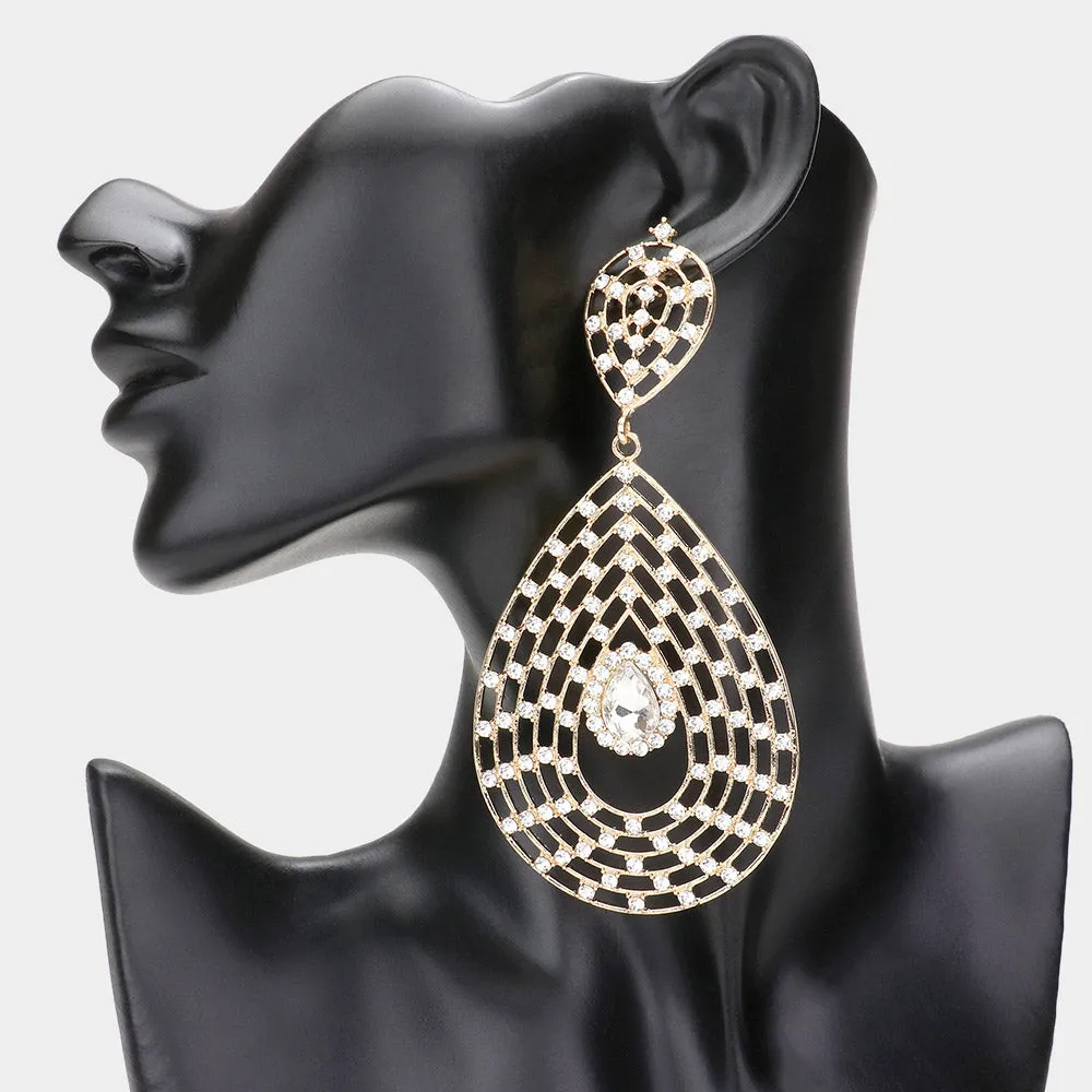 Copy of Stone Embellished Teardrop Shape Large Dangle Earrings on Gold | Pageant Jewelry | 604963