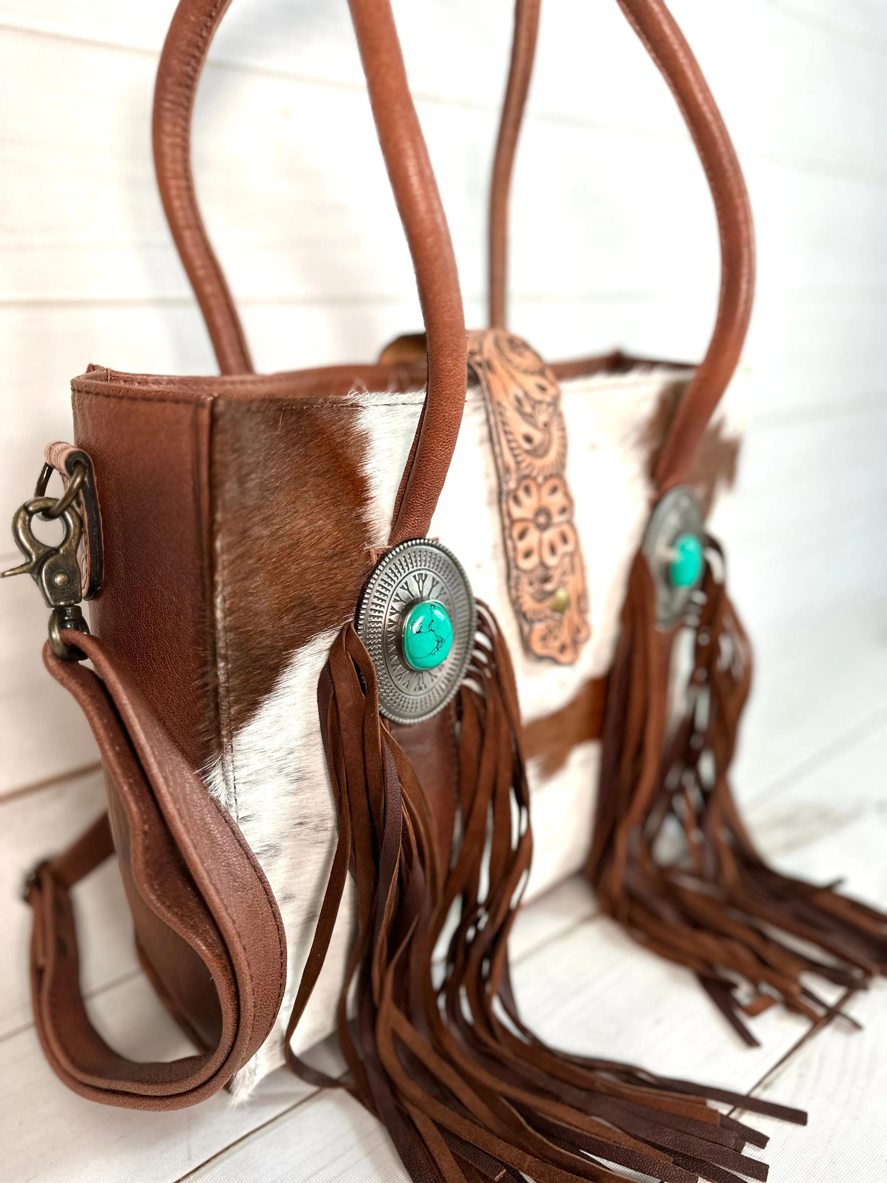 Cowhide and Leather Turquoise Concho Arm Tote