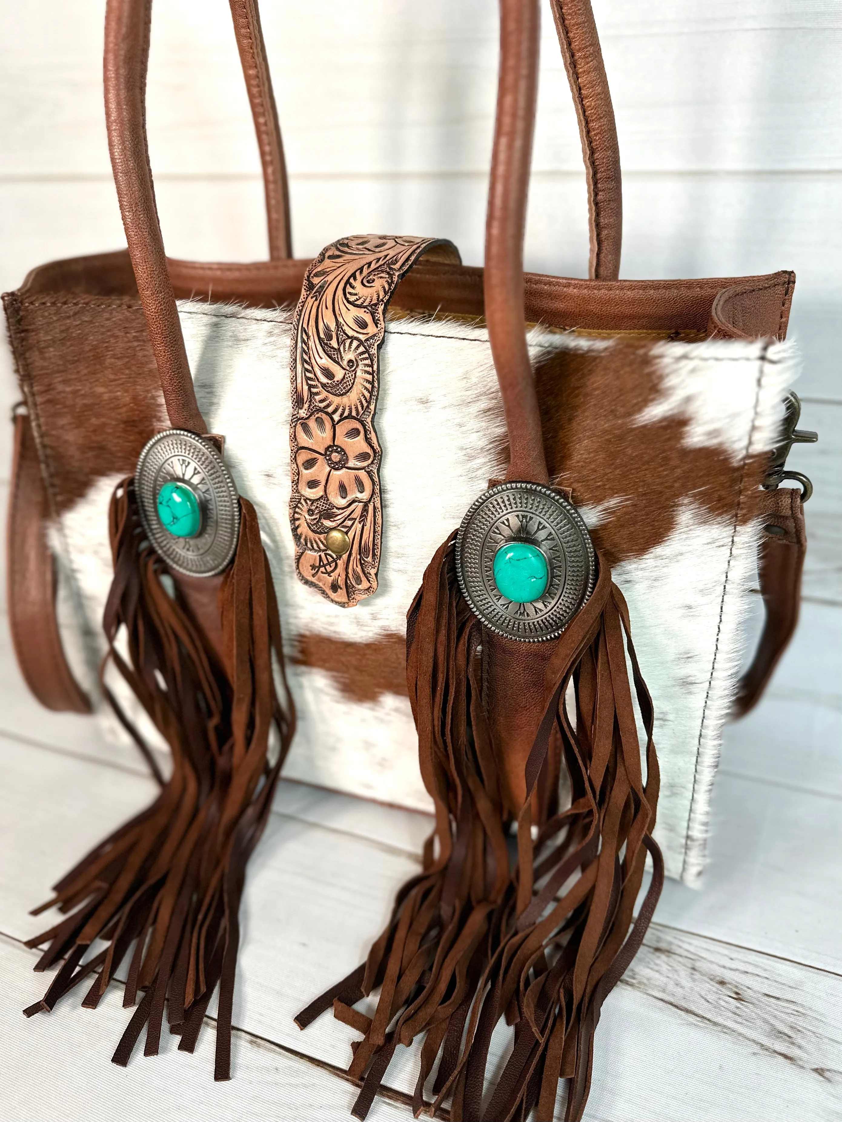 Cowhide and Leather Turquoise Concho Arm Tote
