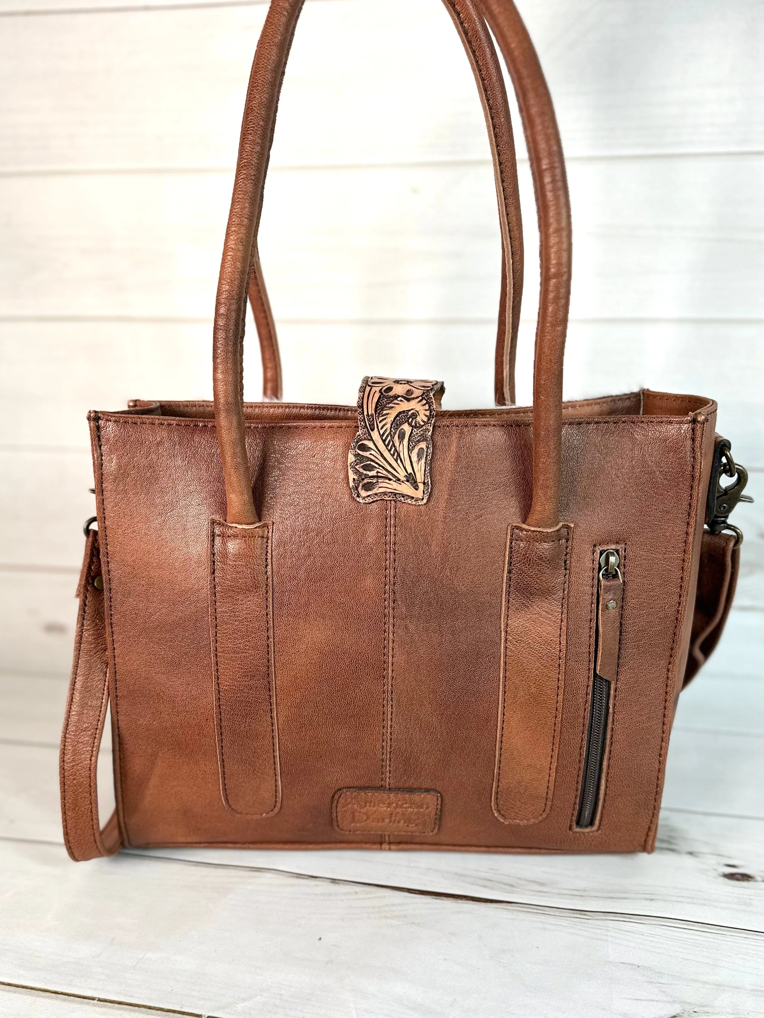Cowhide and Leather Turquoise Concho Arm Tote