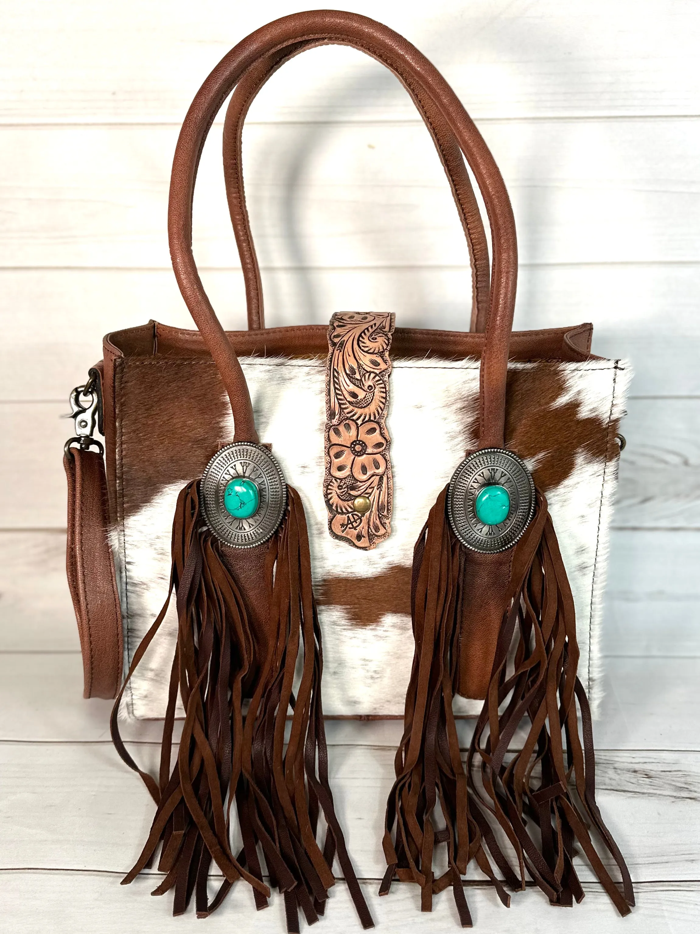 Cowhide and Leather Turquoise Concho Arm Tote