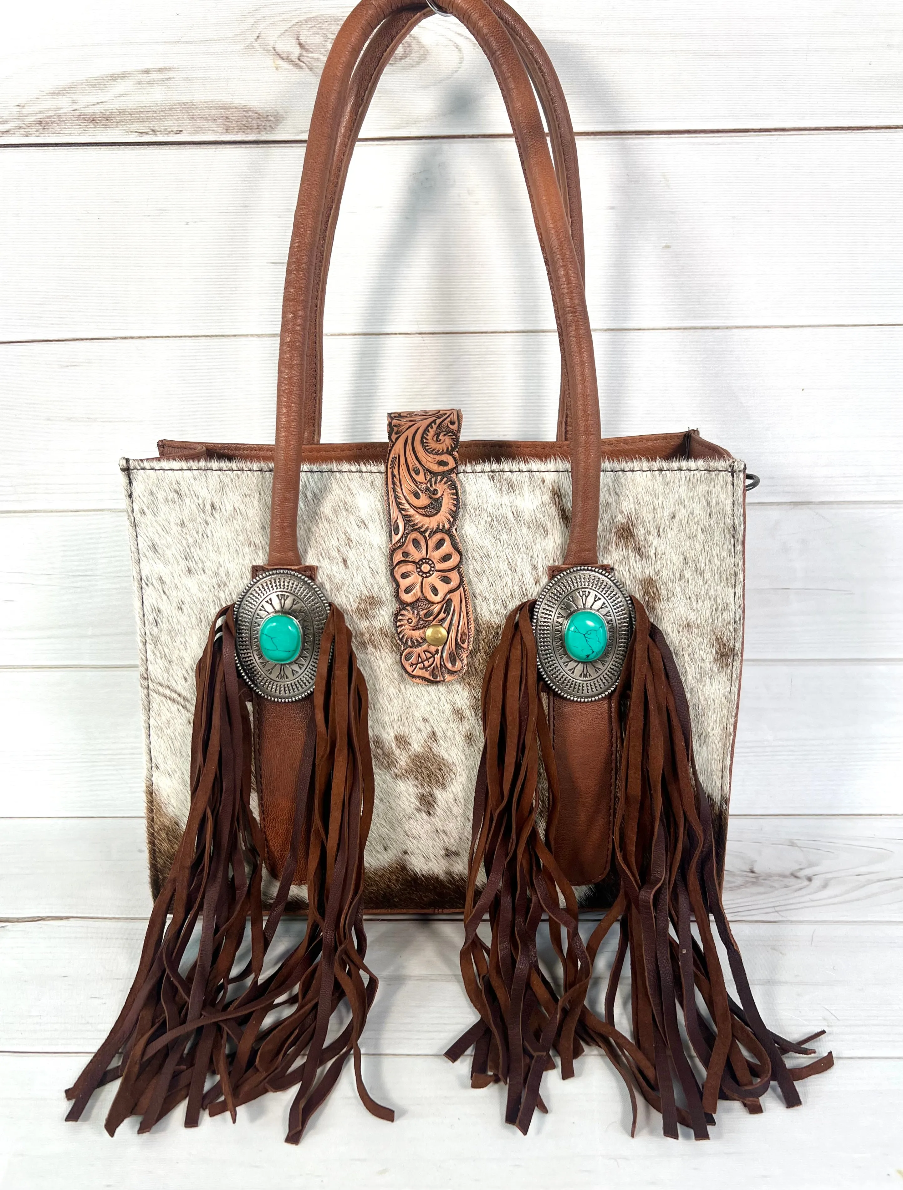 Cowhide and Leather Turquoise Concho Arm Tote