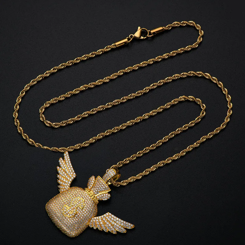 Created Diamond Wallet With Wings Hip Hop Pendant Necklace