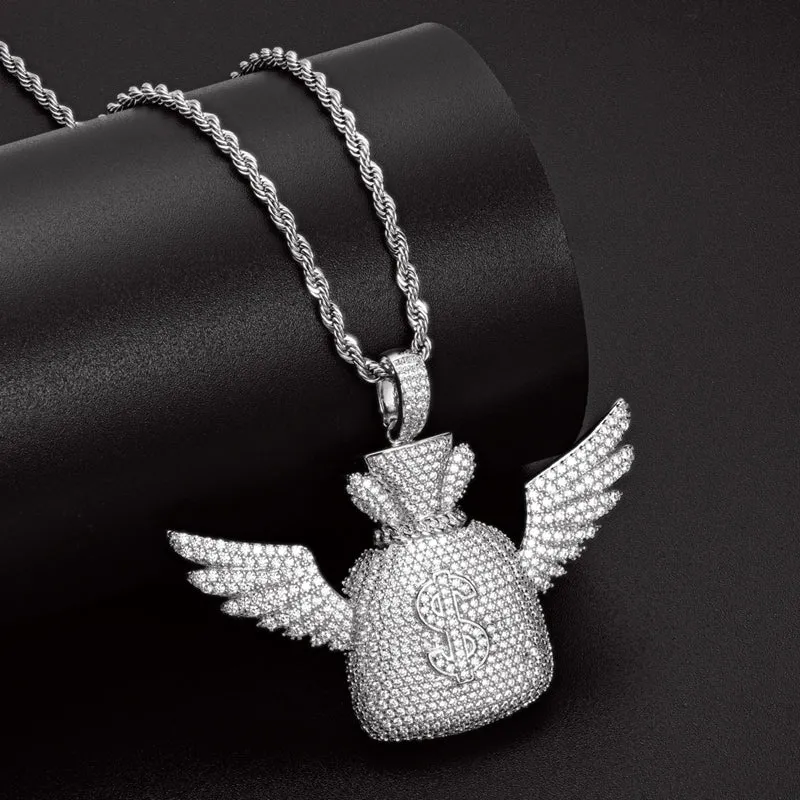 Created Diamond Wallet With Wings Hip Hop Pendant Necklace