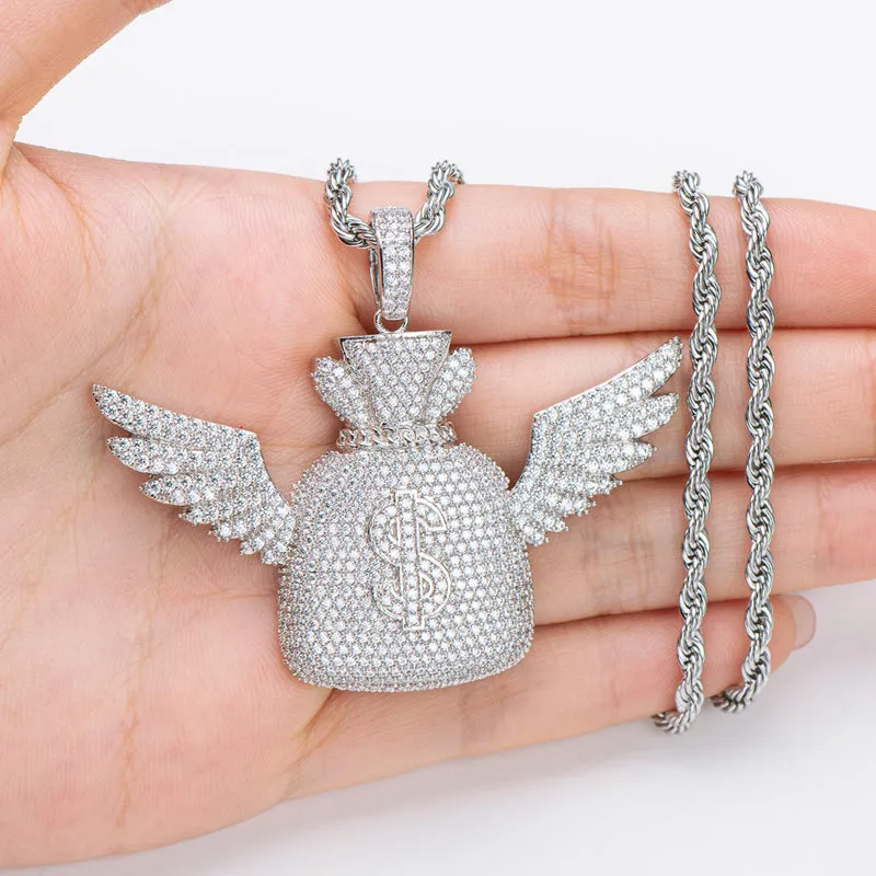 Created Diamond Wallet With Wings Hip Hop Pendant Necklace
