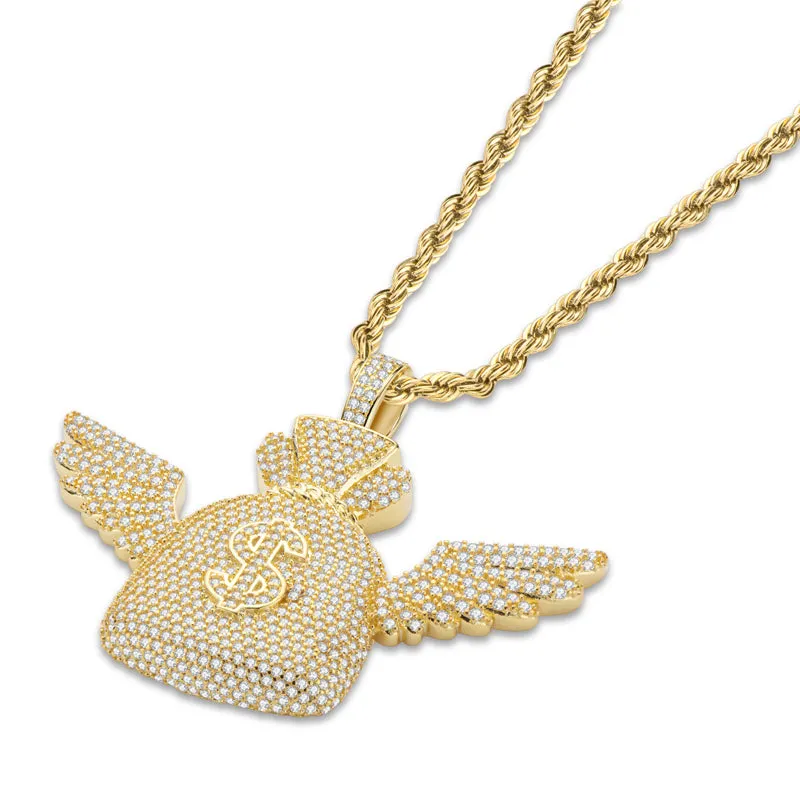 Created Diamond Wallet With Wings Hip Hop Pendant Necklace