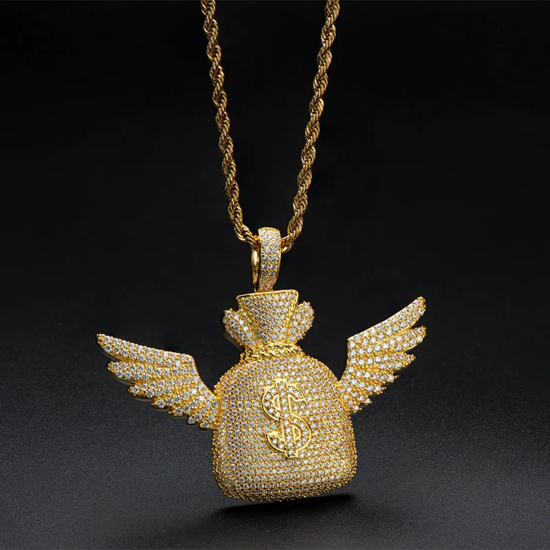 Created Diamond Wallet With Wings Hip Hop Pendant Necklace