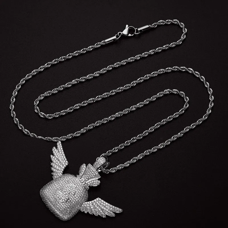 Created Diamond Wallet With Wings Hip Hop Pendant Necklace