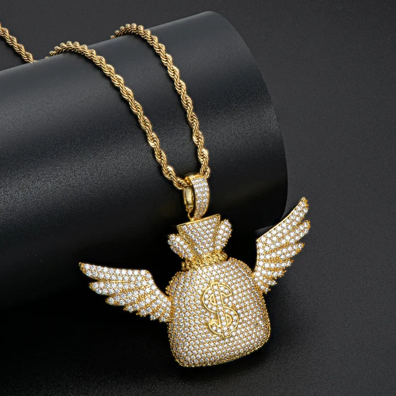 Created Diamond Wallet With Wings Hip Hop Pendant Necklace