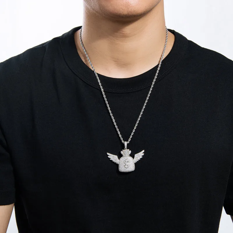 Created Diamond Wallet With Wings Hip Hop Pendant Necklace