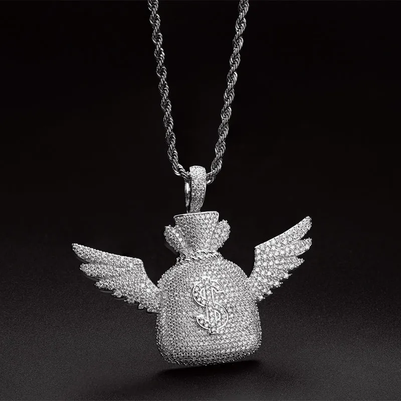 Created Diamond Wallet With Wings Hip Hop Pendant Necklace