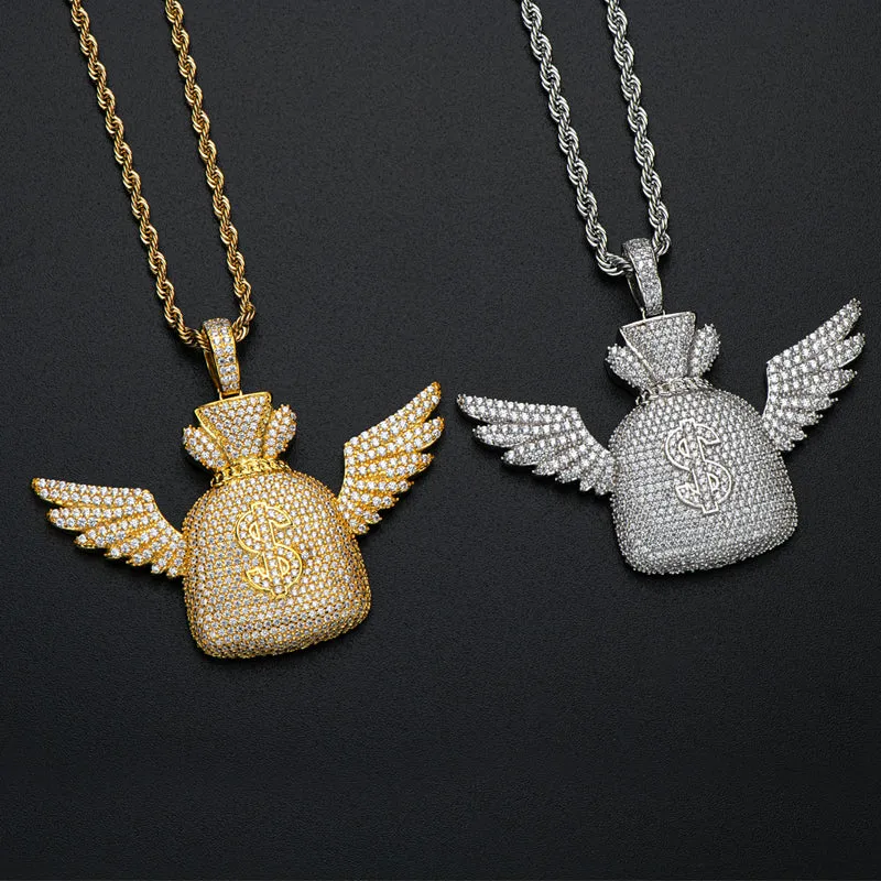 Created Diamond Wallet With Wings Hip Hop Pendant Necklace