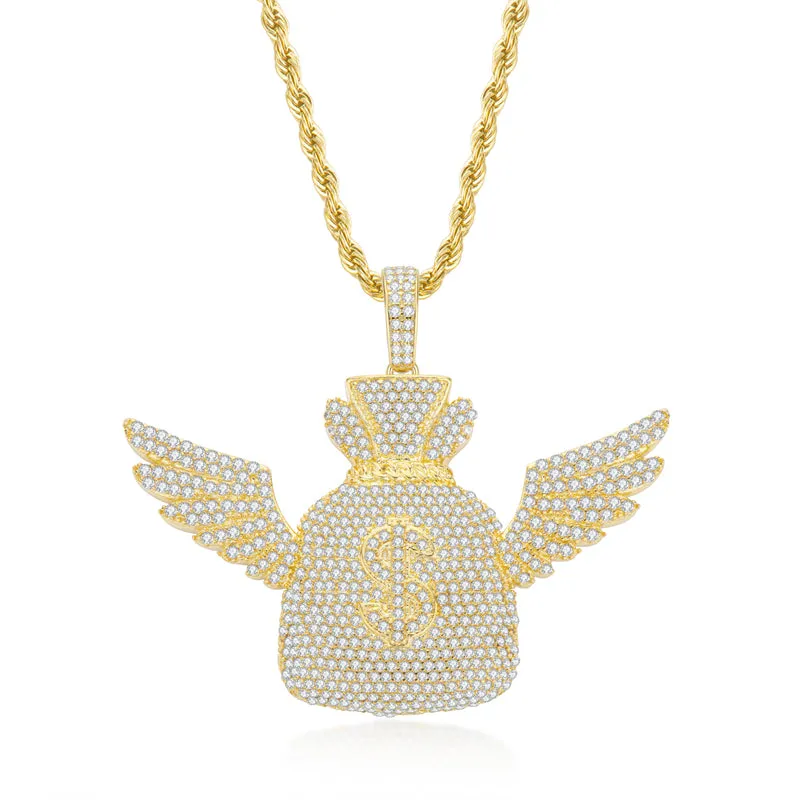 Created Diamond Wallet With Wings Hip Hop Pendant Necklace