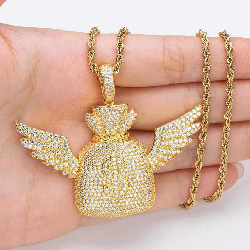Created Diamond Wallet With Wings Hip Hop Pendant Necklace