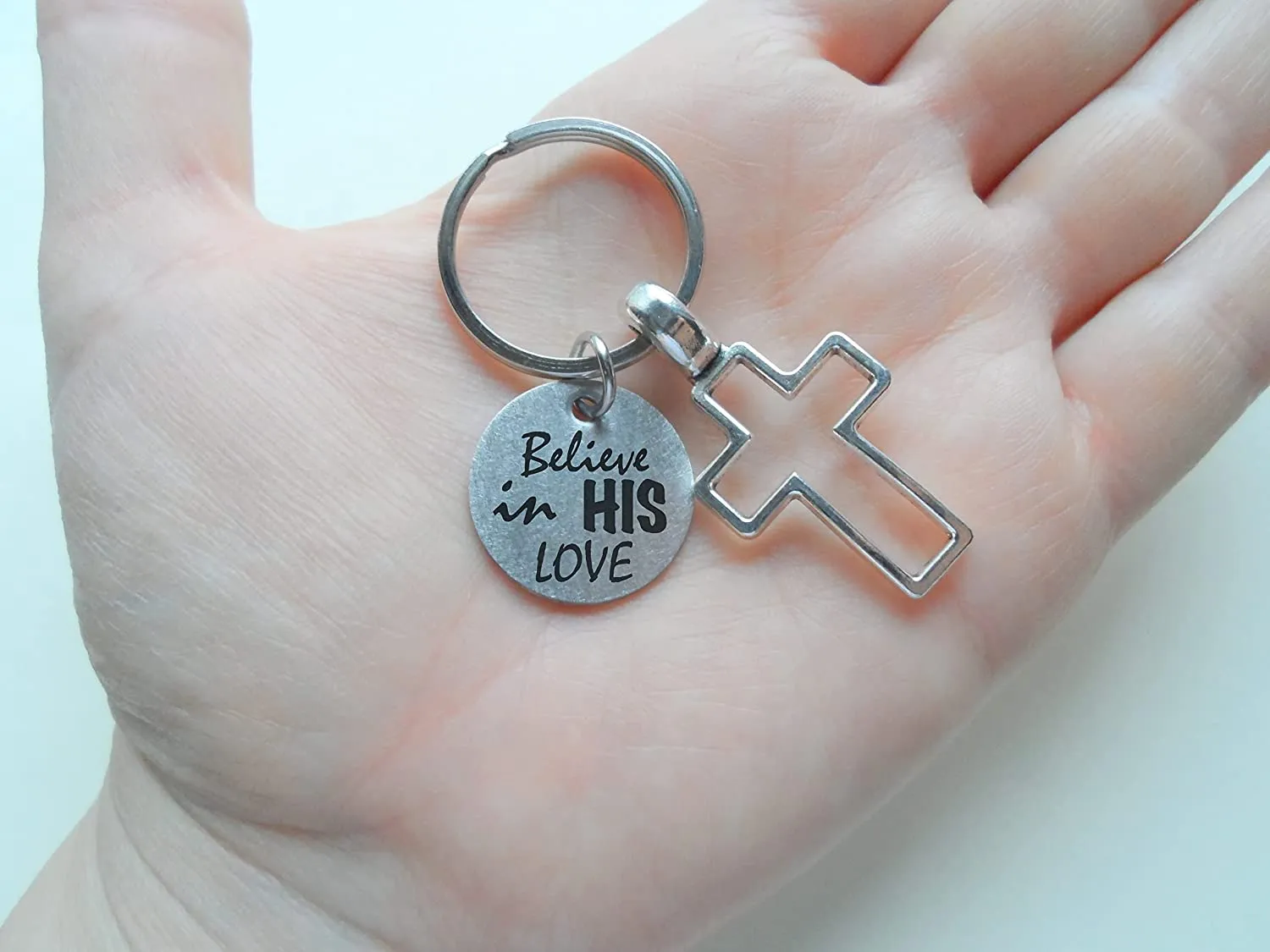 Cross Charm Keychain with Engraved Disc Saying "Believe in His Love", Religious Keychain