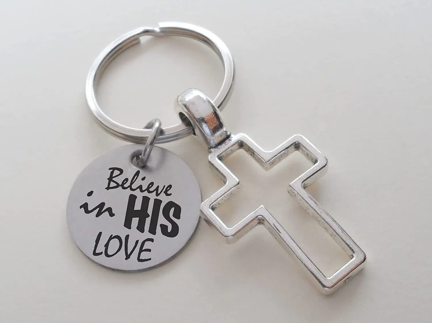 Cross Charm Keychain with Engraved Disc Saying "Believe in His Love", Religious Keychain