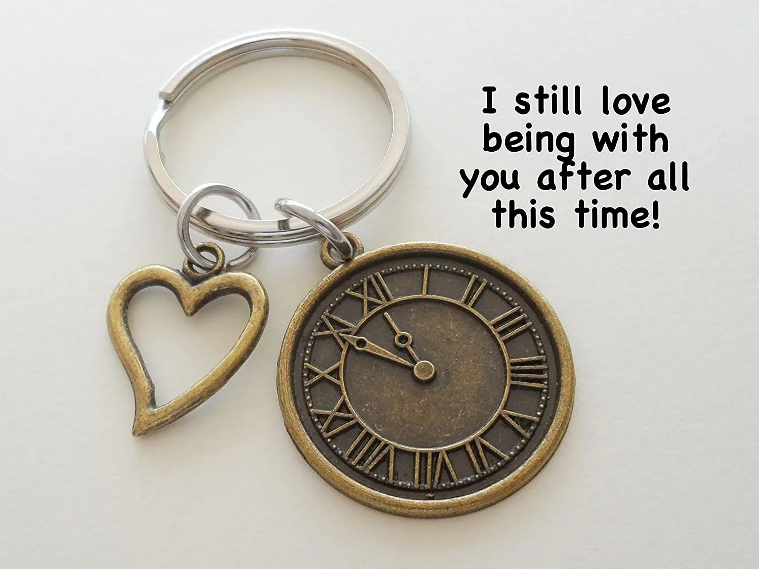Custom Bronze Clock Keychain with Heart Charm & Option to Add Engraving on Back for Couples or Best Friends, Anniversary Gift Keychain