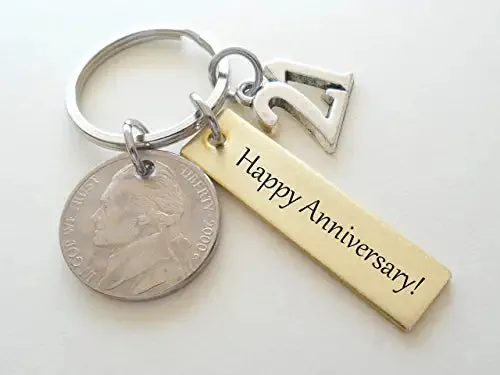 Custom Engraved Brass Keychain with Nickel & Number 21 Charm, 21 Year Anniversary Gift Keychain, Personalized Engraved Keychain