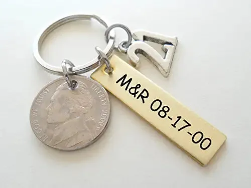 Custom Engraved Brass Keychain with Nickel & Number 21 Charm, 21 Year Anniversary Gift Keychain, Personalized Engraved Keychain