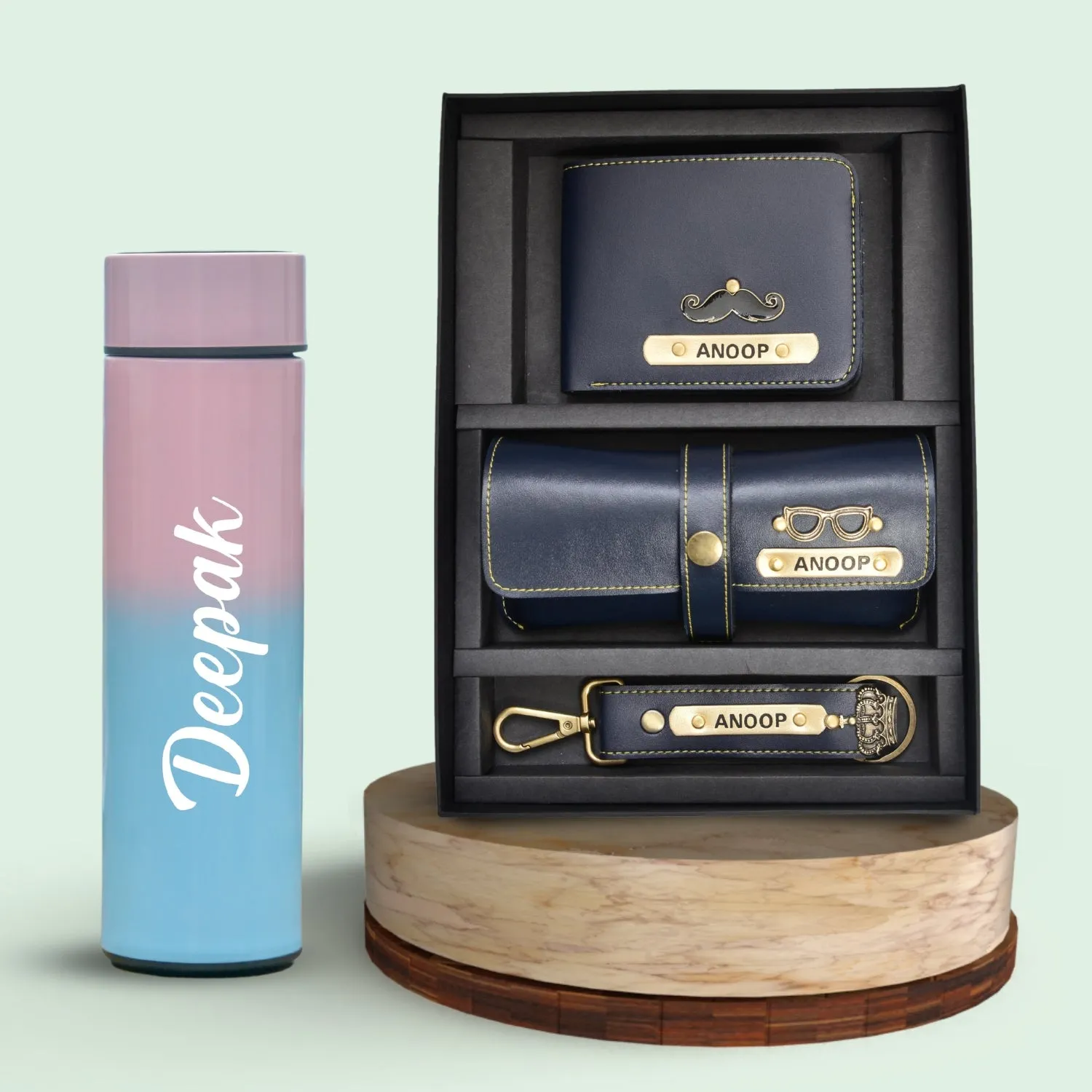 Customized Bottle with Temperature display - Pastel Shade 1 & All in One Men's Combo (3 pcs) - Royal Blue