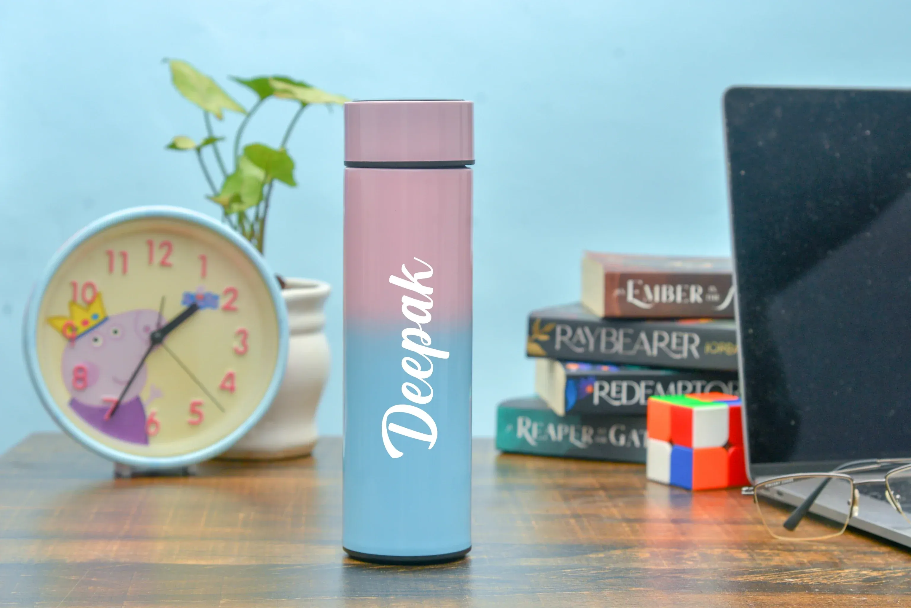 Customized Bottle with Temperature display - Pastel Shade 1 & All in One Men's Combo (3 pcs) - Royal Blue