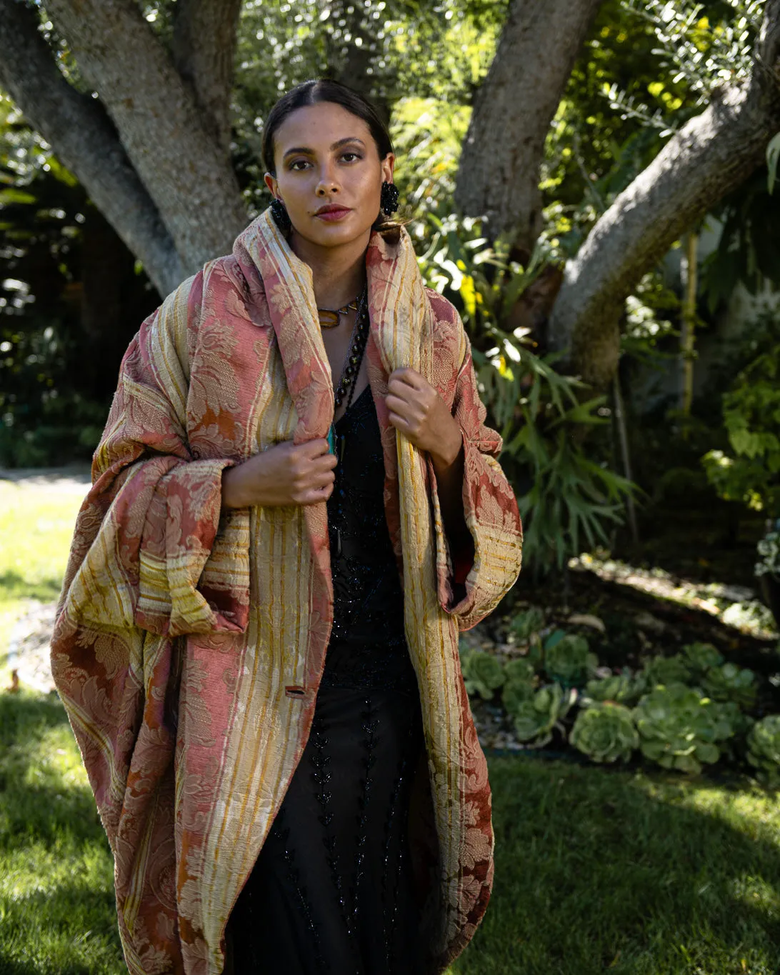 Draped Brocade Cocoon Coat