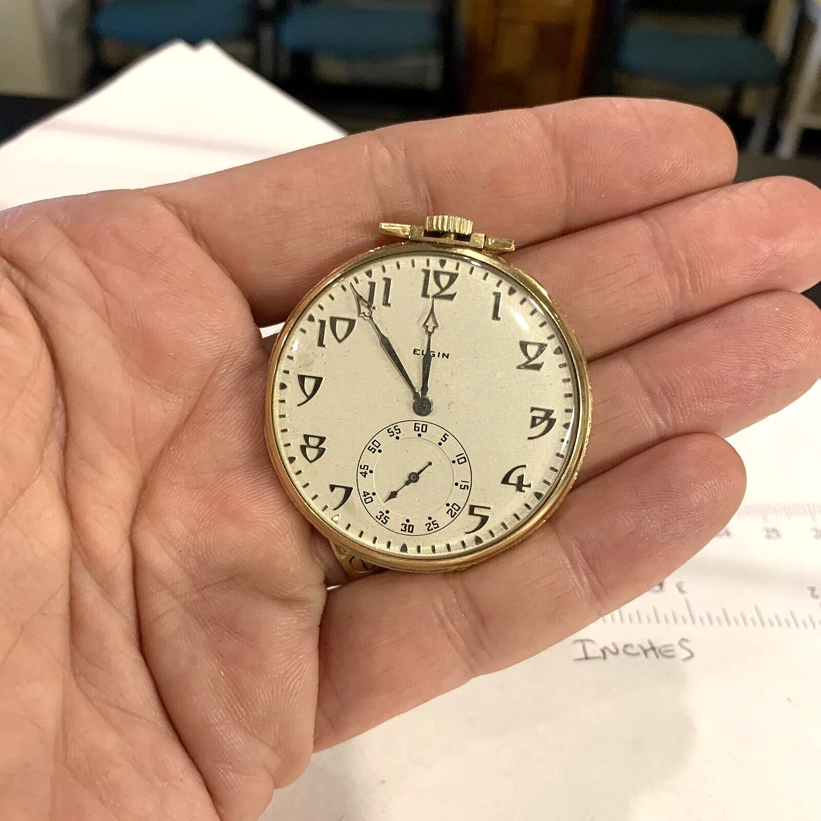 ELGIN 14K Solid Gold 44mm Open Face Pocket Watch - Runs Great Excellent Cond.