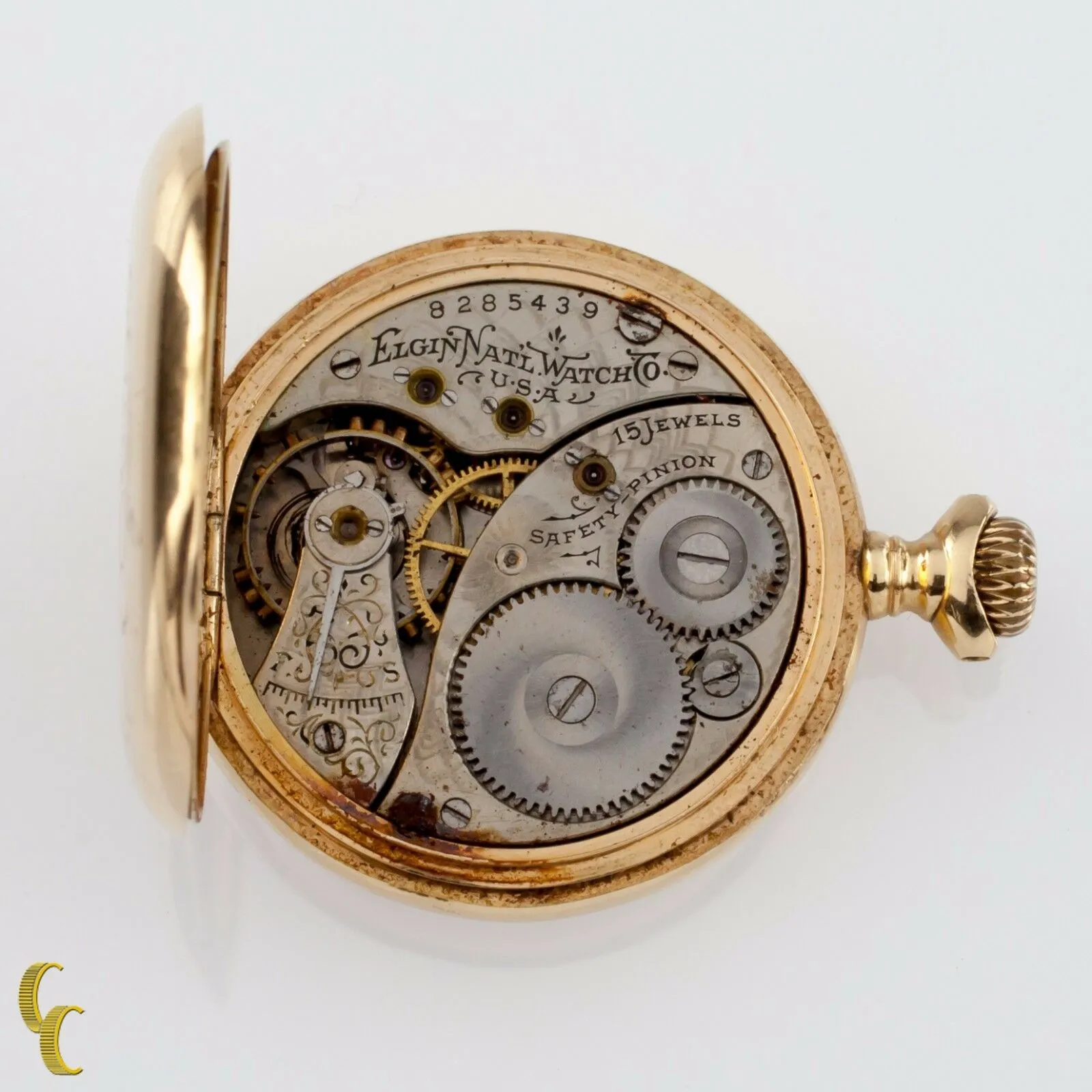 Elgin Open Face 14k Yellow Gold Pocket Watch 15 Jewel Size 0S Monogrammed Case