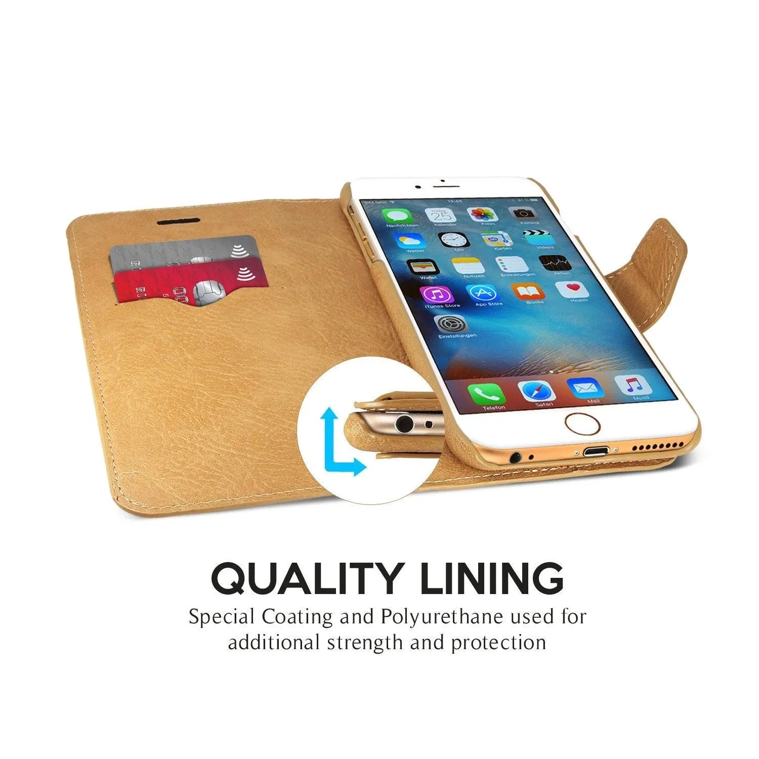 Exinoz iPhone 6S Plus Case, 100% Genuine Leather Wallet Case [LIGHT BROWN] - For Apple iPhone 6 Plus and iPhone 6S Plus 5.5" Devices