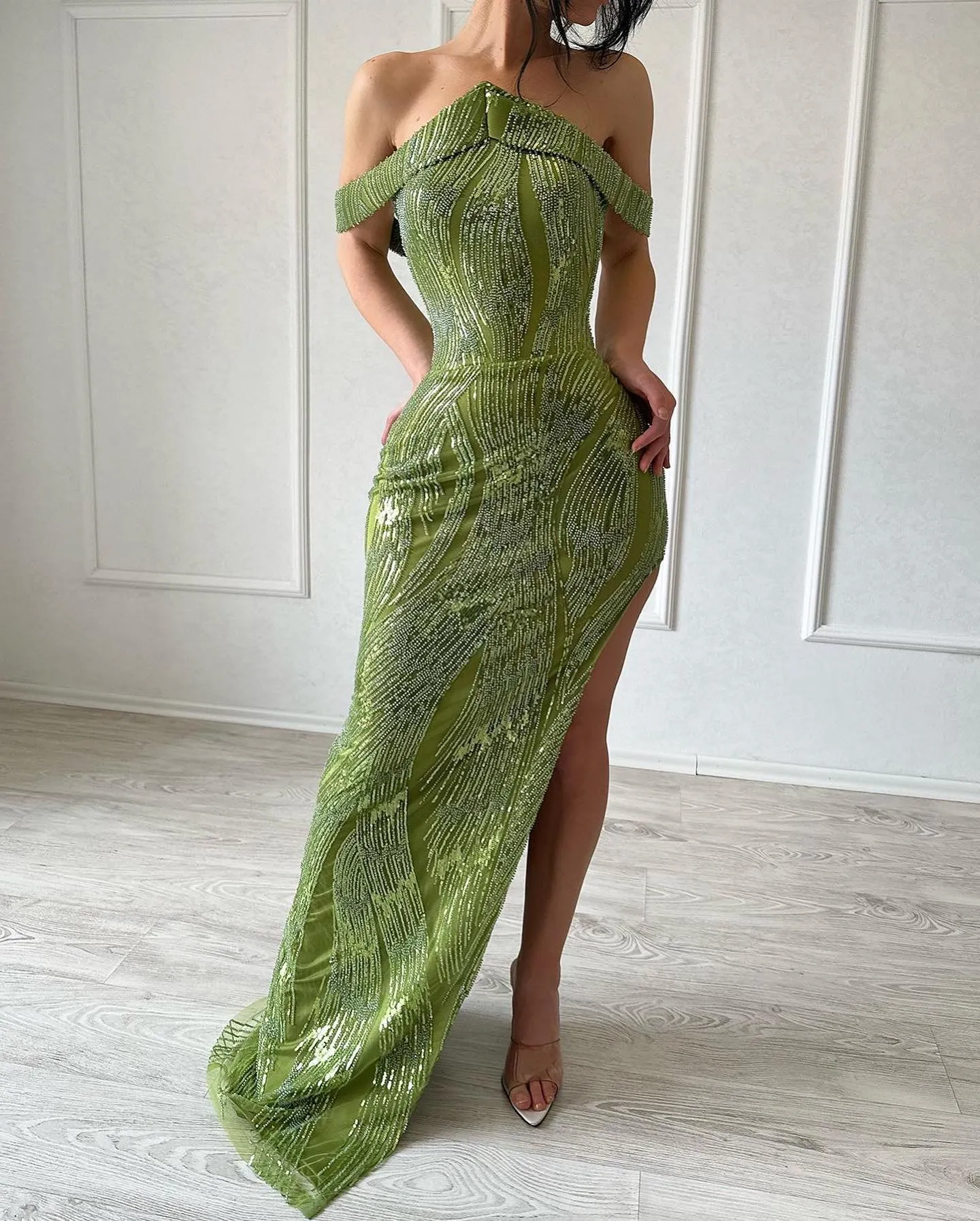 Fabulous Mermaid Sleeveless Satin Sequined Split Limegreen Prom Dress