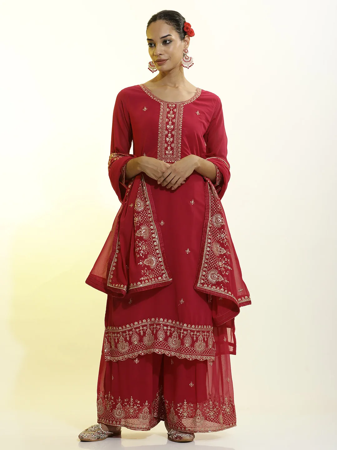 Festive Embroidered Georgette Heavy Kurta Set With Dupatta
