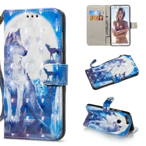 For HUAWEI honor 7C / Enjoy 8/Y7PRIME 2018/Y7 PRO 2018/NOVA2 LITE 3D Coloured Painted PU Magnetic Clasp Phone Case with Card Slots Bracket Lanyard Wolf