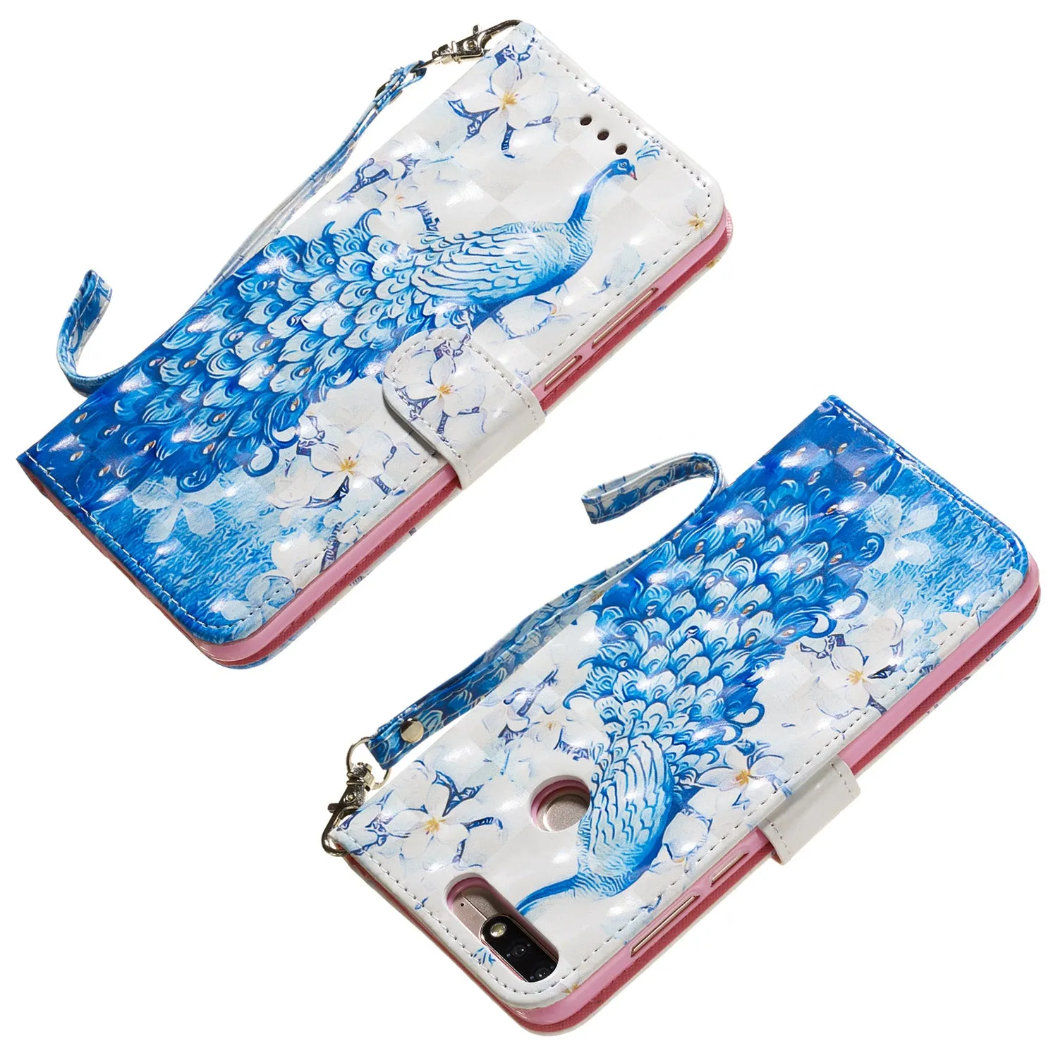For HUAWEI honor 7C / Enjoy 8/Y7PRIME 2018/Y7 PRO 2018/NOVA2 LITE 3D Coloured Painted PU Magnetic Clasp Phone Case with Card Slots Bracket Lanyard Wolf
