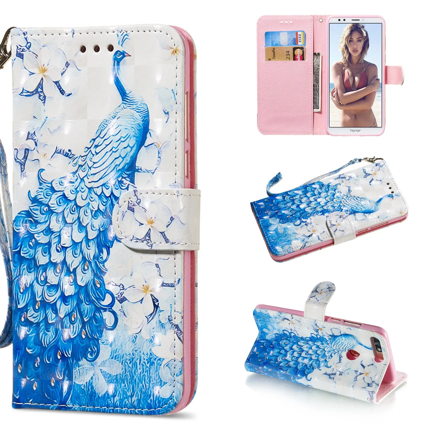 For HUAWEI honor 7C / Enjoy 8/Y7PRIME 2018/Y7 PRO 2018/NOVA2 LITE 3D Coloured Painted PU Magnetic Clasp Phone Case with Card Slots Bracket Lanyard Wolf