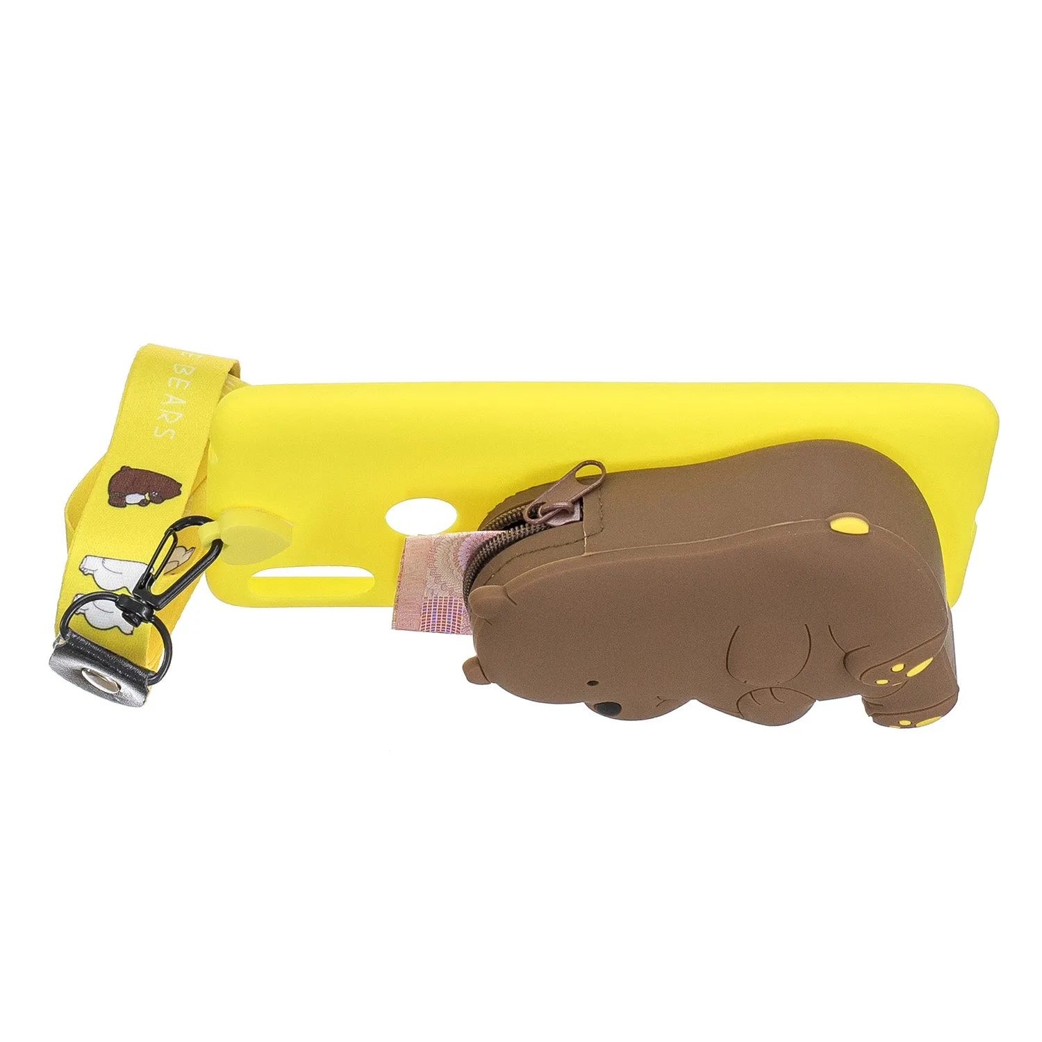 For HUAWEI Y6 2019 Y7 2019 Y9 2019 Cartoon Full Protective TPU Mobile Phone Cover with Mini Coin Purse Cartoon Hanging Lanyard 1 yellow brown bear