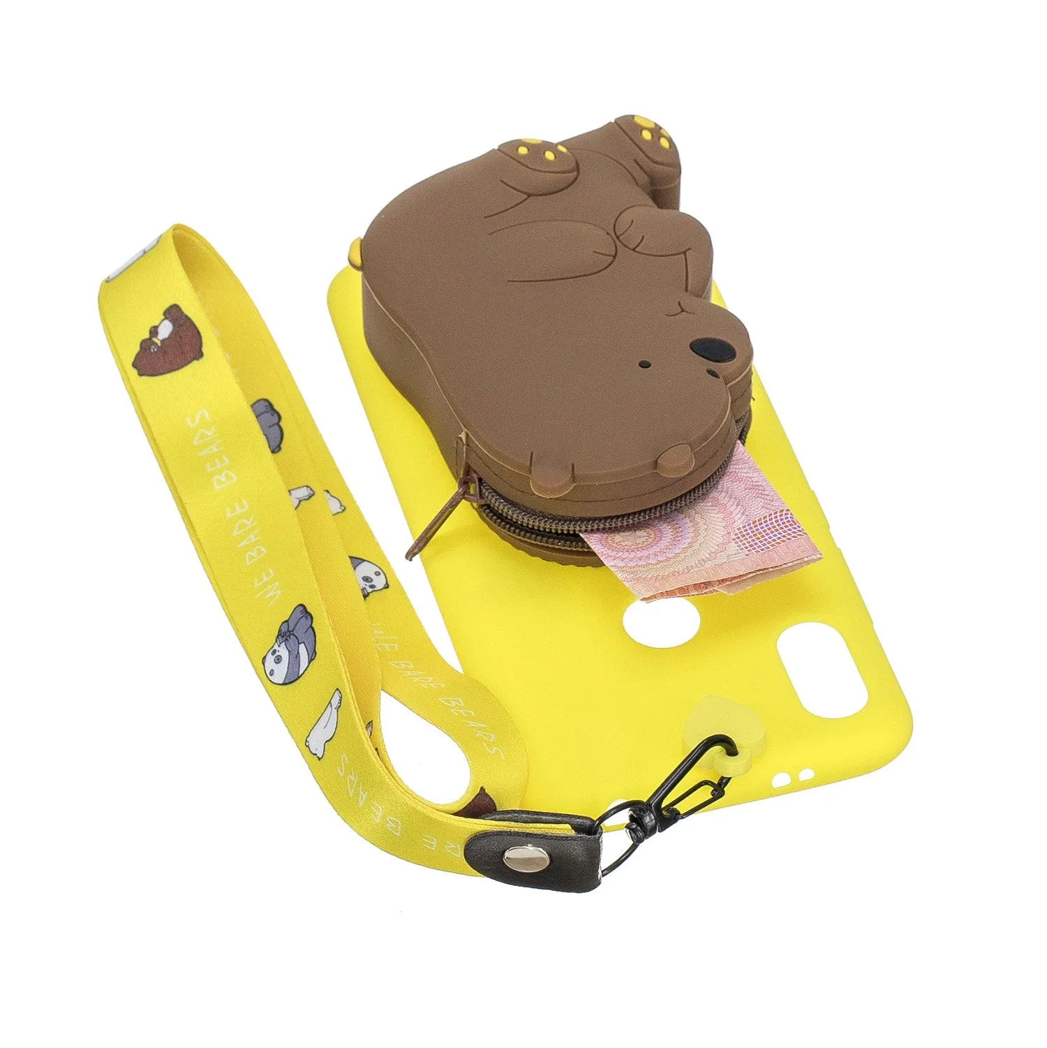For HUAWEI Y6 2019 Y7 2019 Y9 2019 Cartoon Full Protective TPU Mobile Phone Cover with Mini Coin Purse Cartoon Hanging Lanyard 1 yellow brown bear
