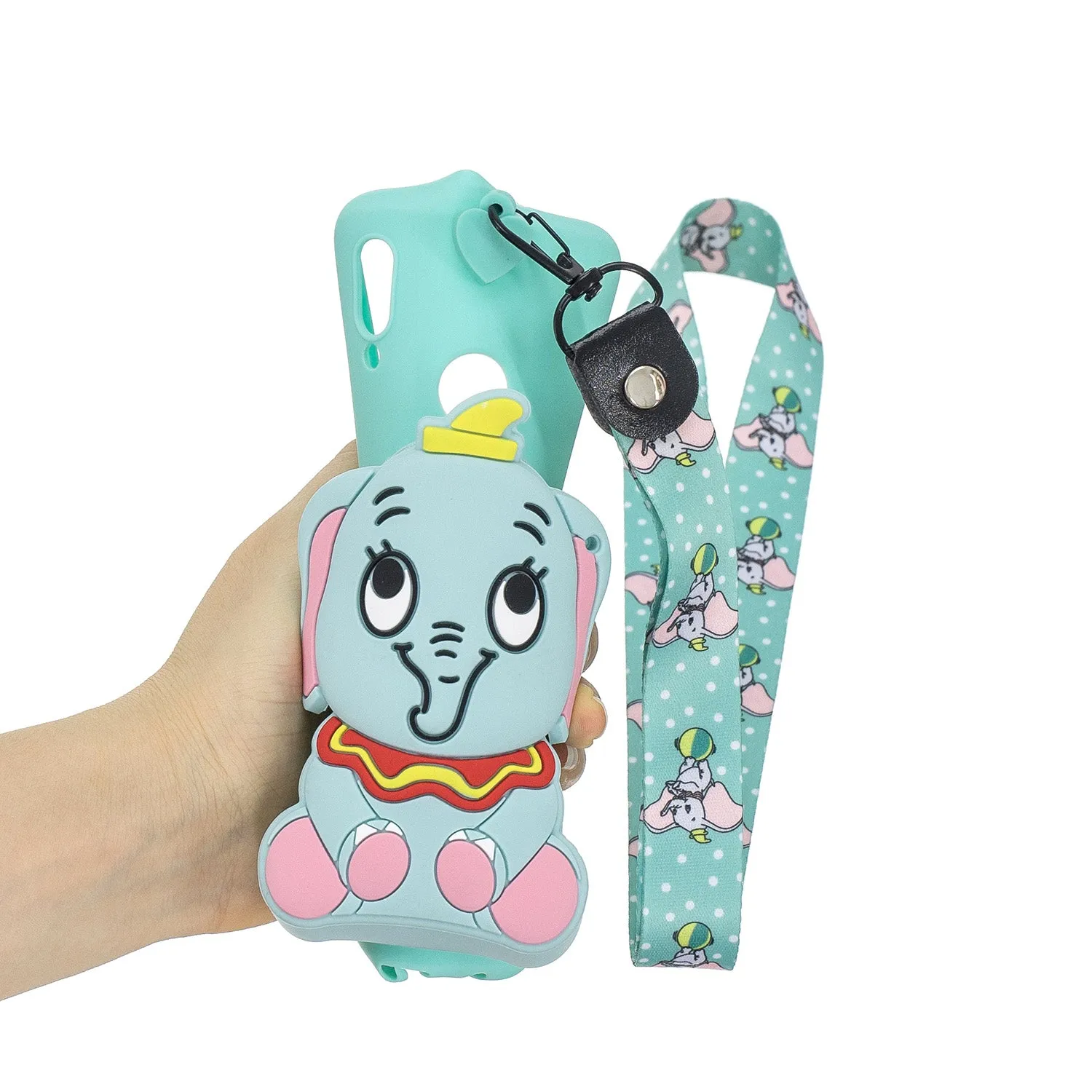 For HUAWEI Y6 2019 Y7 2019 Y9 2019 Cartoon Full Protective TPU Mobile Phone Cover with Mini Coin Purse Cartoon Hanging Lanyard 2 light blue elephant