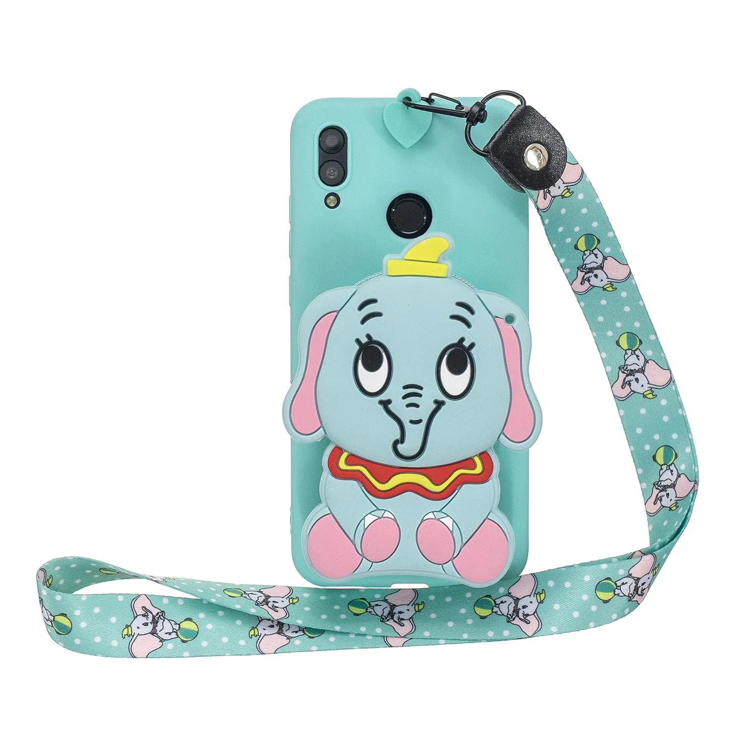 For HUAWEI Y6 2019 Y7 2019 Y9 2019 Cartoon Full Protective TPU Mobile Phone Cover with Mini Coin Purse Cartoon Hanging Lanyard 2 light blue elephant