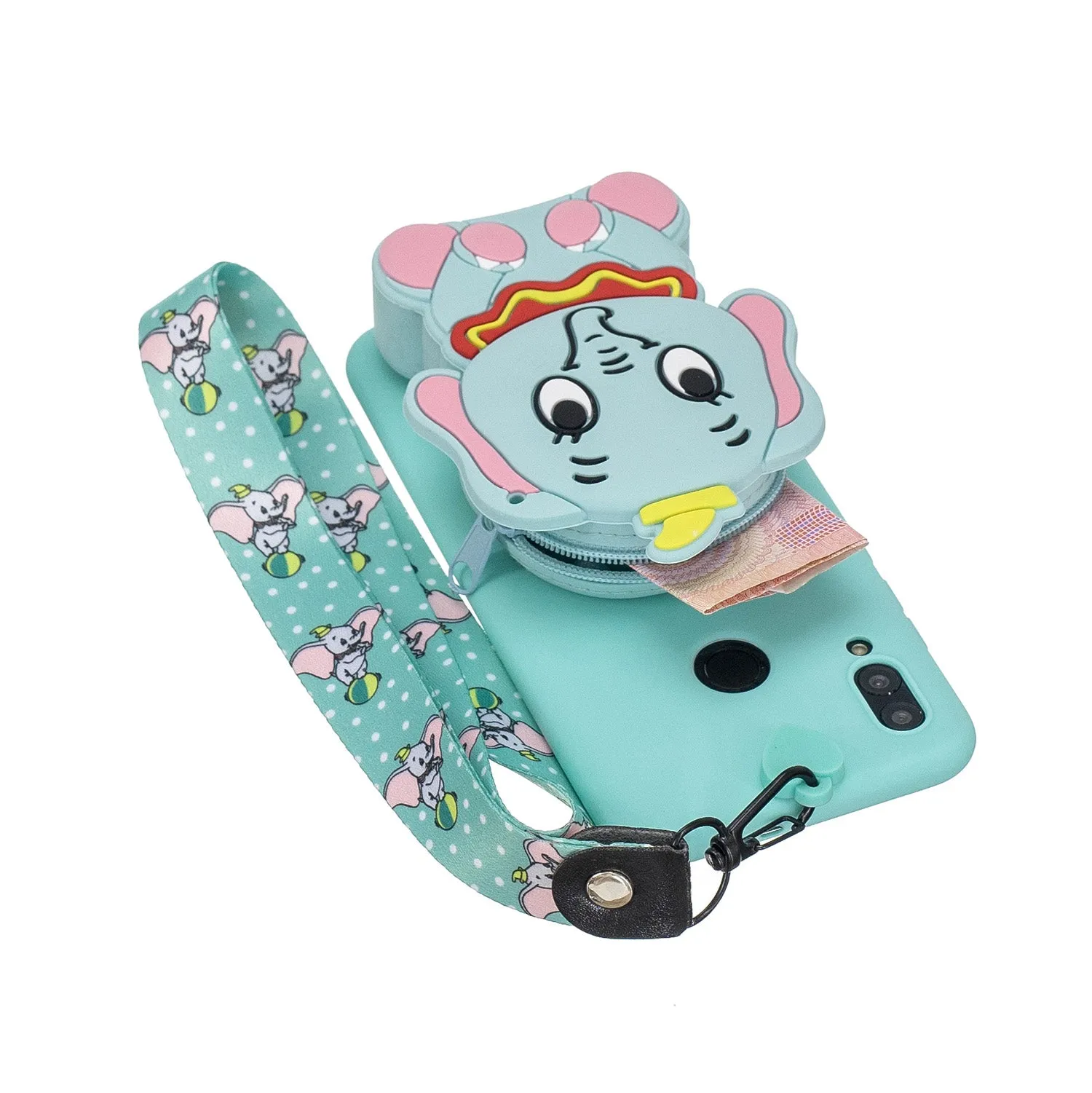 For HUAWEI Y6 2019 Y7 2019 Y9 2019 Cartoon Full Protective TPU Mobile Phone Cover with Mini Coin Purse Cartoon Hanging Lanyard 2 light blue elephant