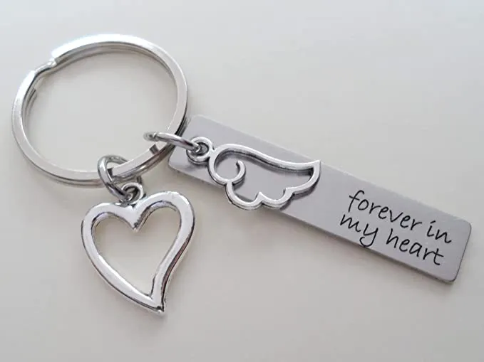 Forever in My Heart Engraved Steel Rectangle Tag Keychain with Small Wing Charm and Heart Charm, Memorial Keychain