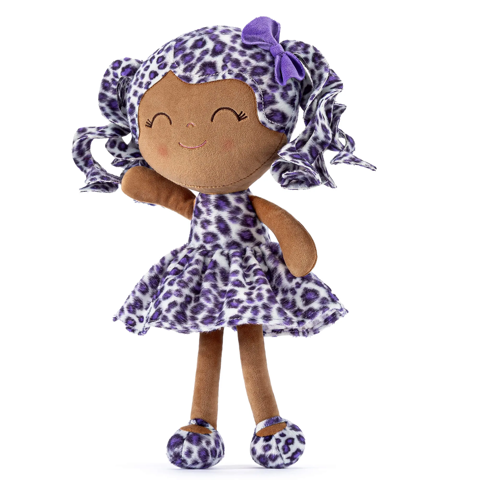 Gloveleya 12-inch Curly Hair Fashion Dolls Leopard Costume Doll Dark Skin Purple