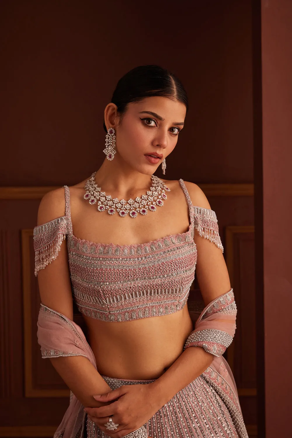 Grey And Pink Embellished Lehenga