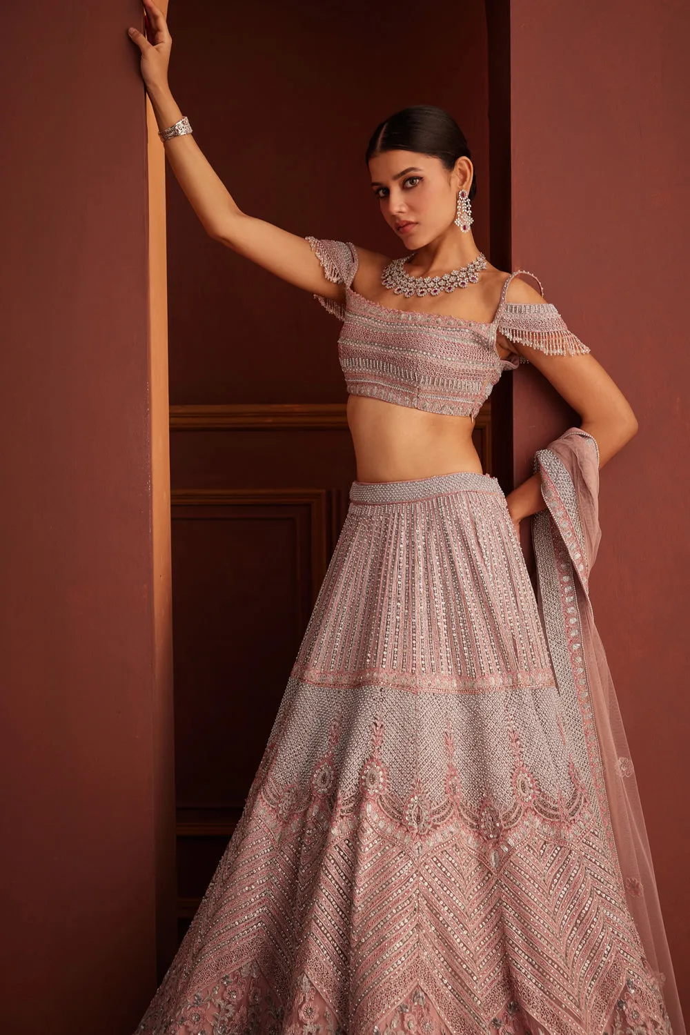 Grey And Pink Embellished Lehenga