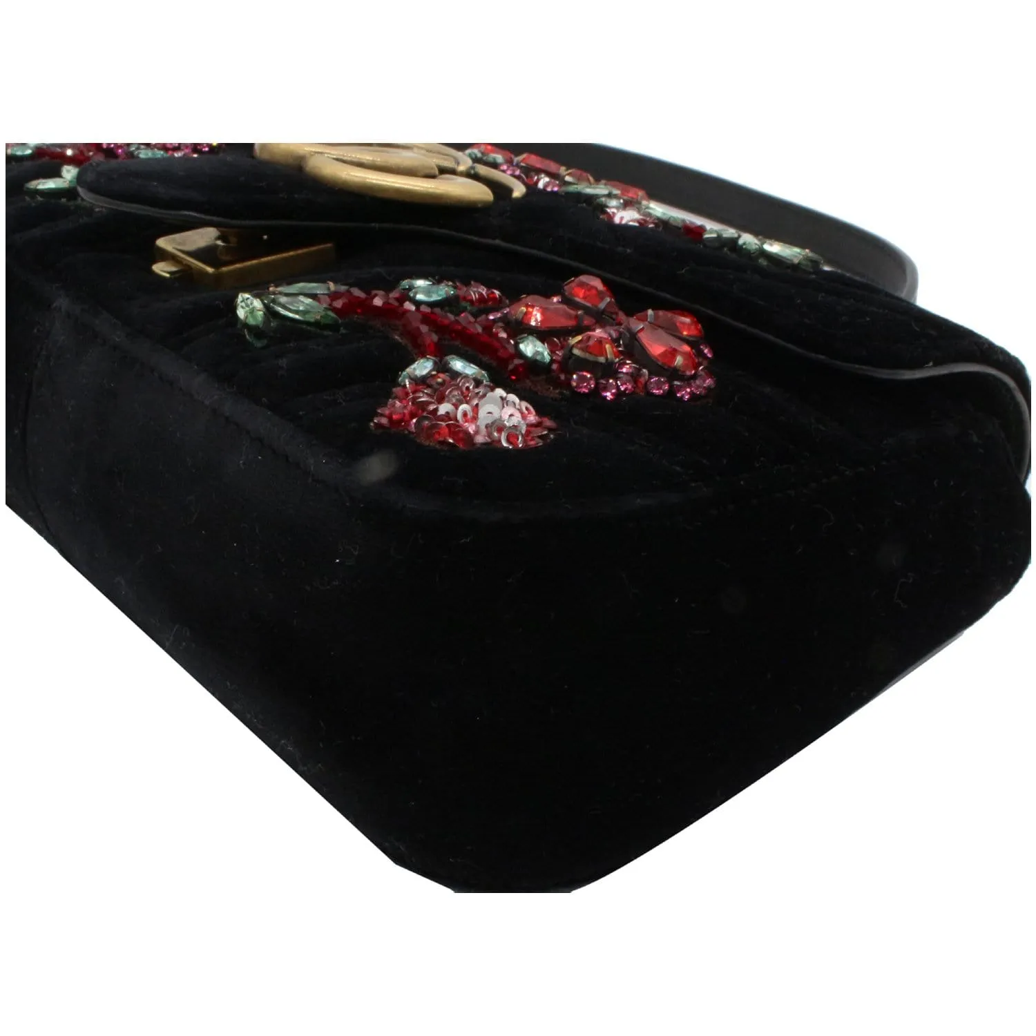 Gucci GG Marmont Floral Gems Mini Velvet Matelasse Embroidered Shoulder Bag Black