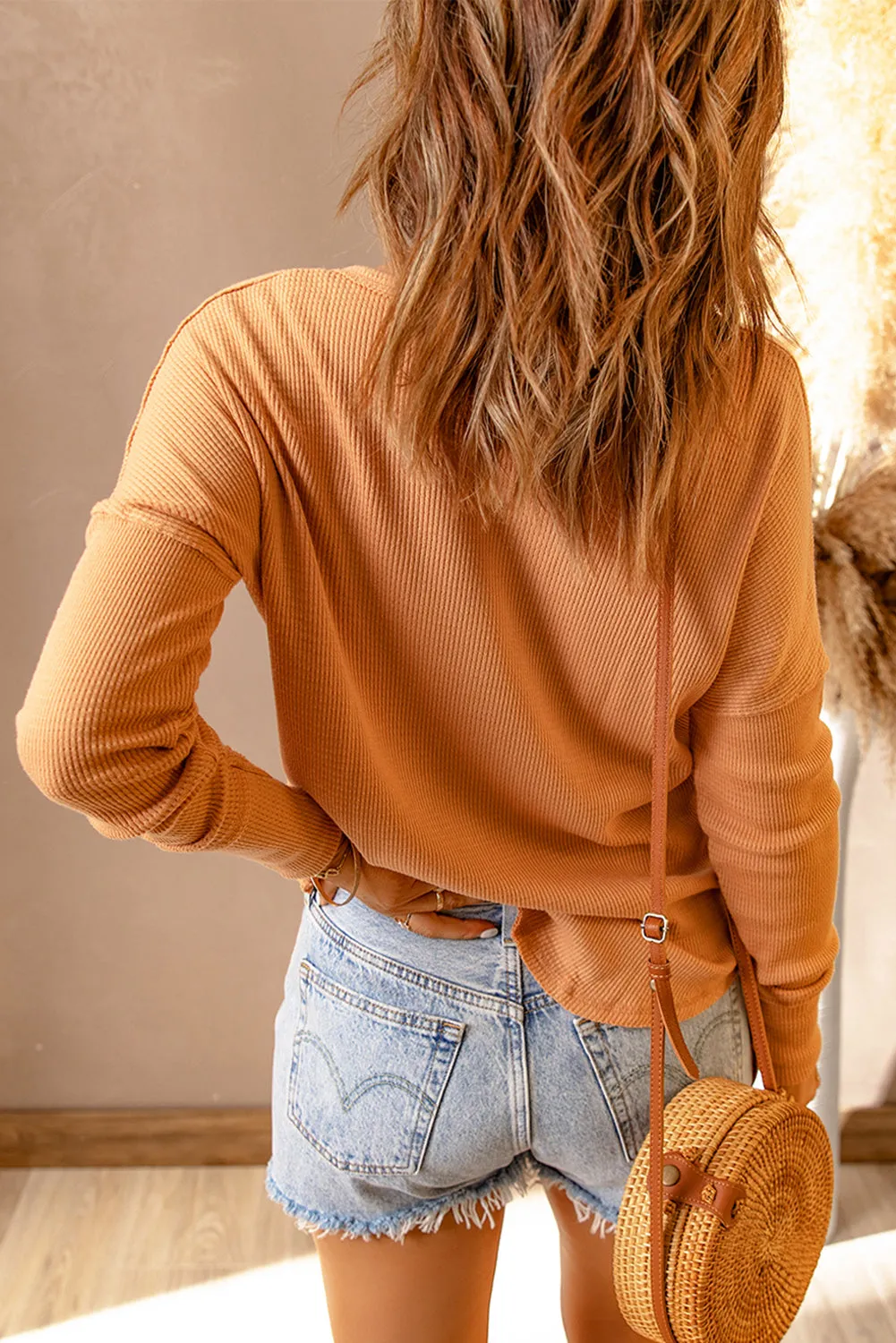 Half Button Drop Shoulder Top- 2 Colors (Tangerine, Black)