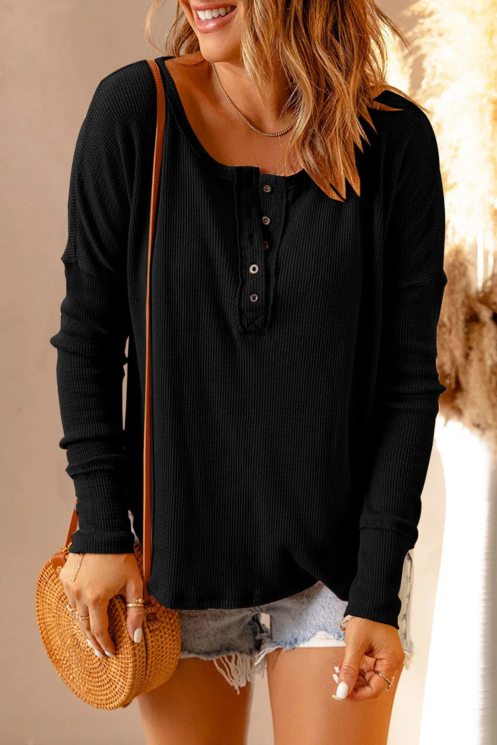 Half Button Drop Shoulder Top- 2 Colors (Tangerine, Black)