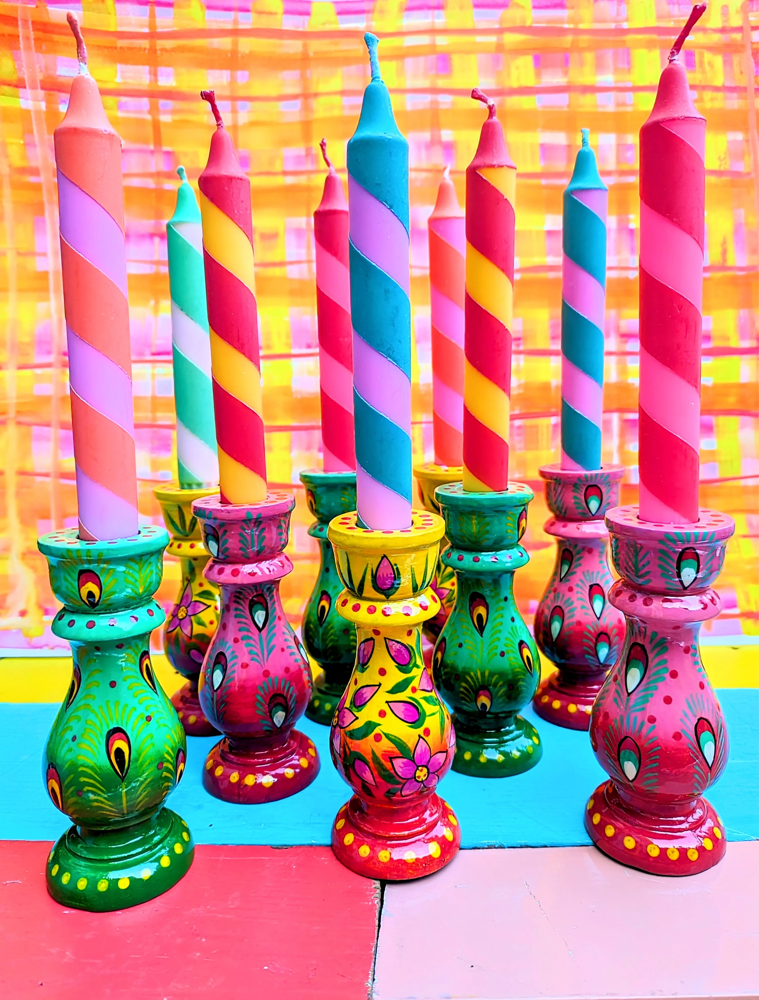 Hand painted candle holders - peacock and flower
