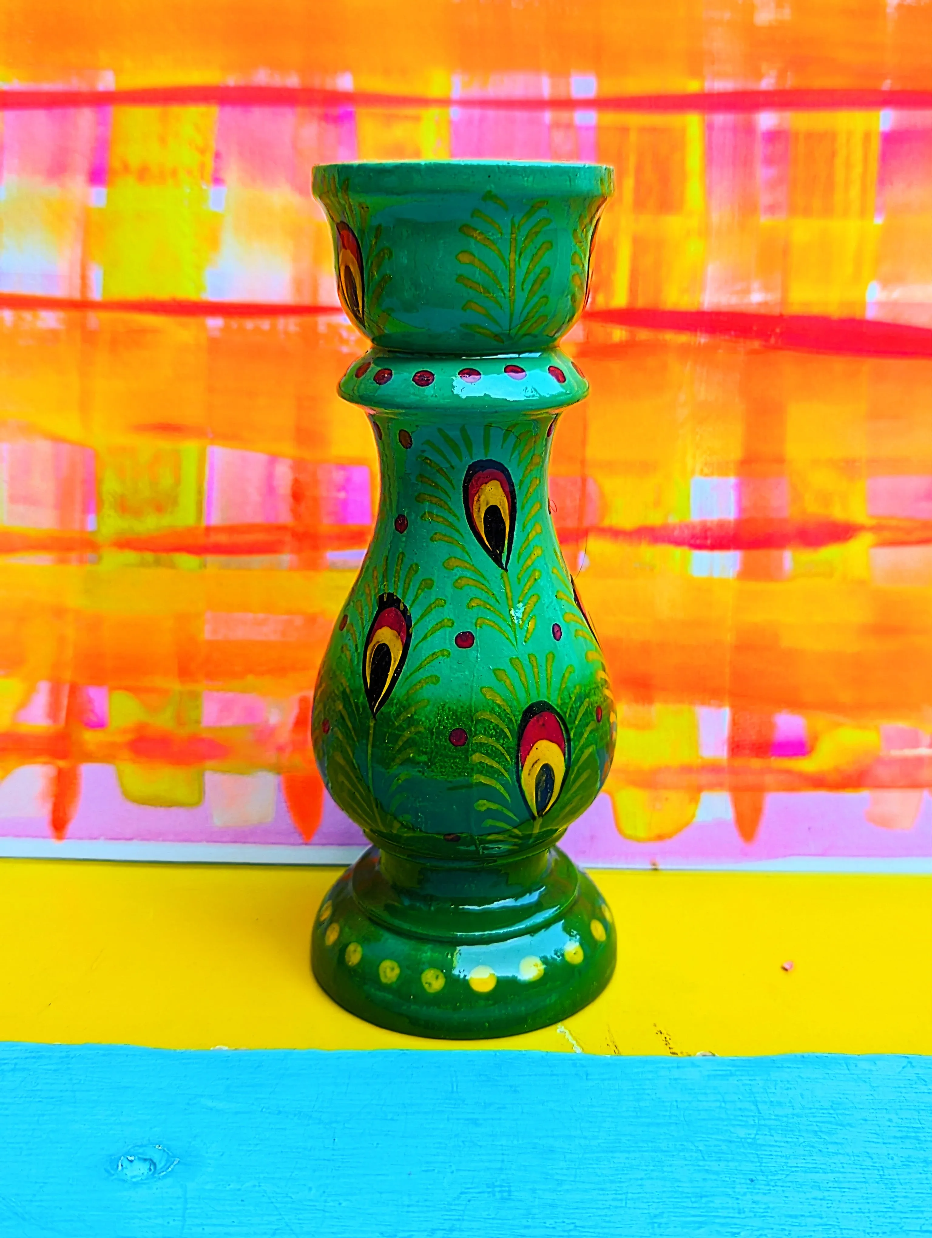 Hand painted candle holders - peacock and flower